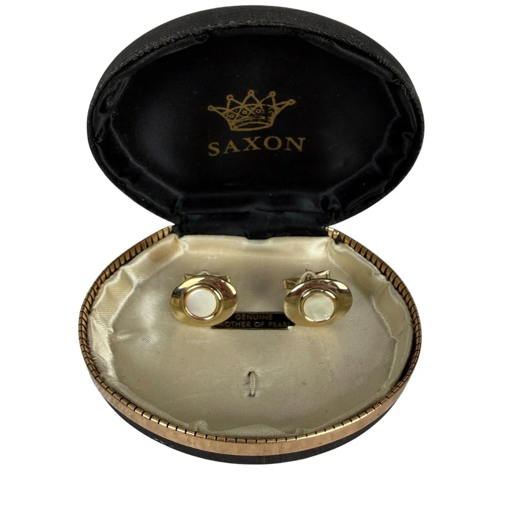 Saxon Vintage Mens Gold Tone Genuine Mother of Pearl Oval Cufflinks with Box